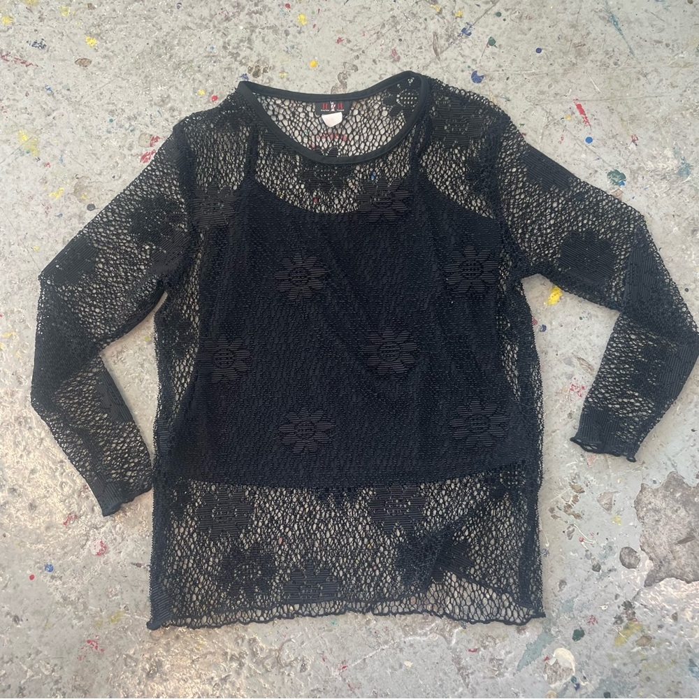 Vintage 90s Y2K Black Mesh Floral Lace Tank Top & Long Sleeve Set – Size L